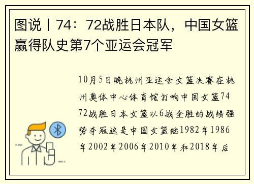 图说丨74：72战胜日本队，中国女篮赢得队史第7个亚运会冠军